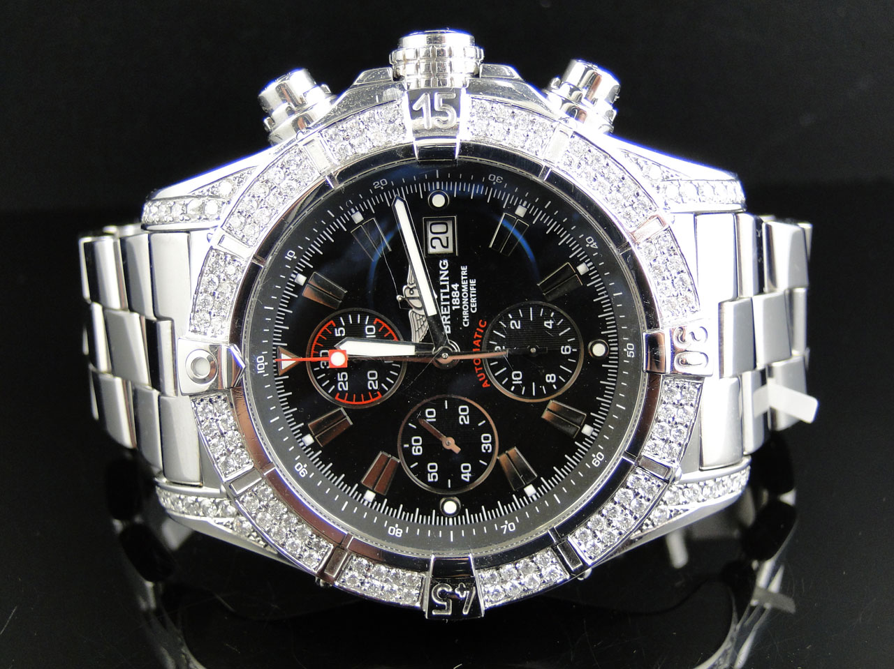 ... XL Breitling Black Dial Genuine Diamond Stainless Steel Band Watch 2.5