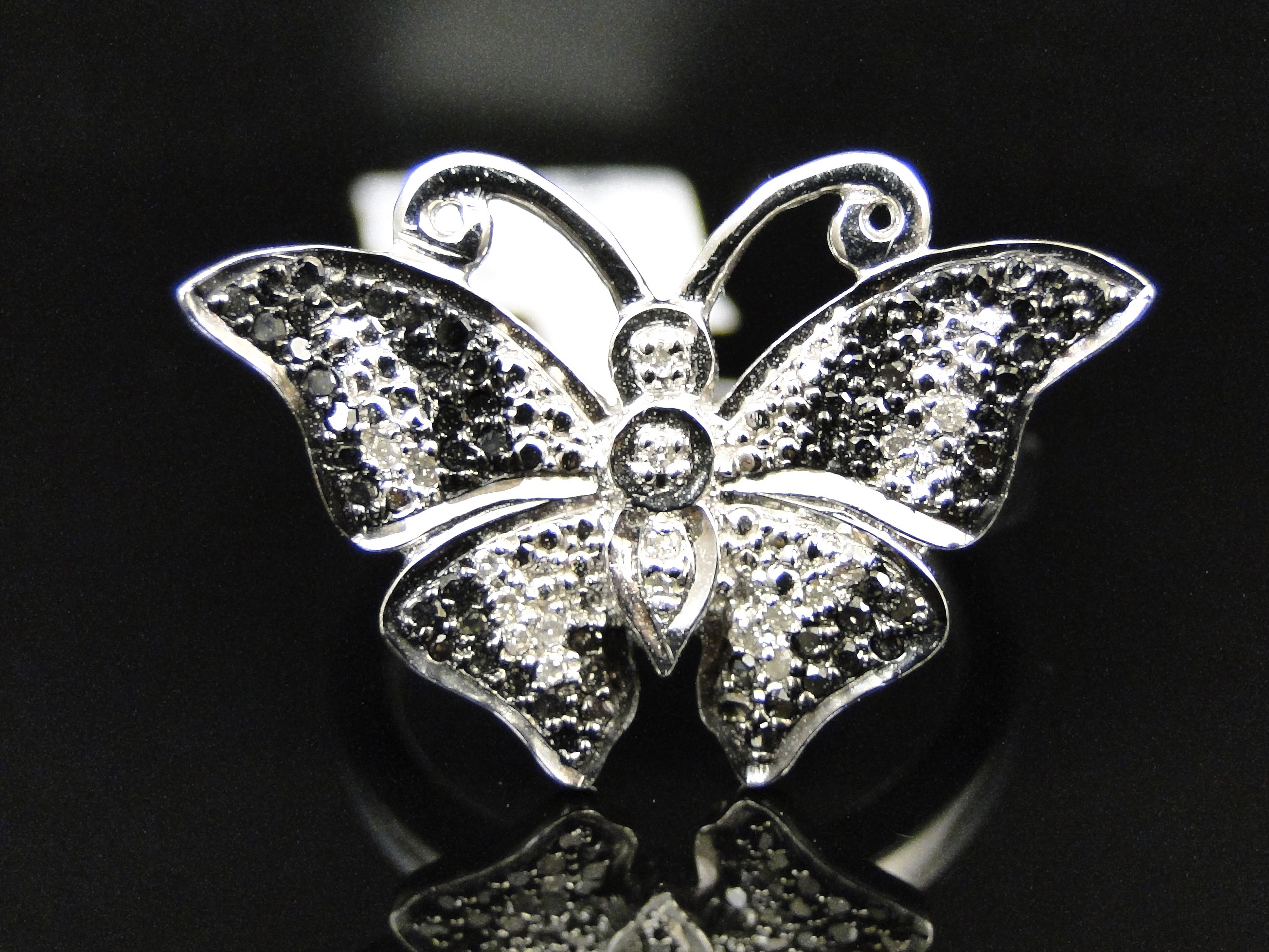 Ladies White Gold Finish Black White Diamond Fashion Butterfly