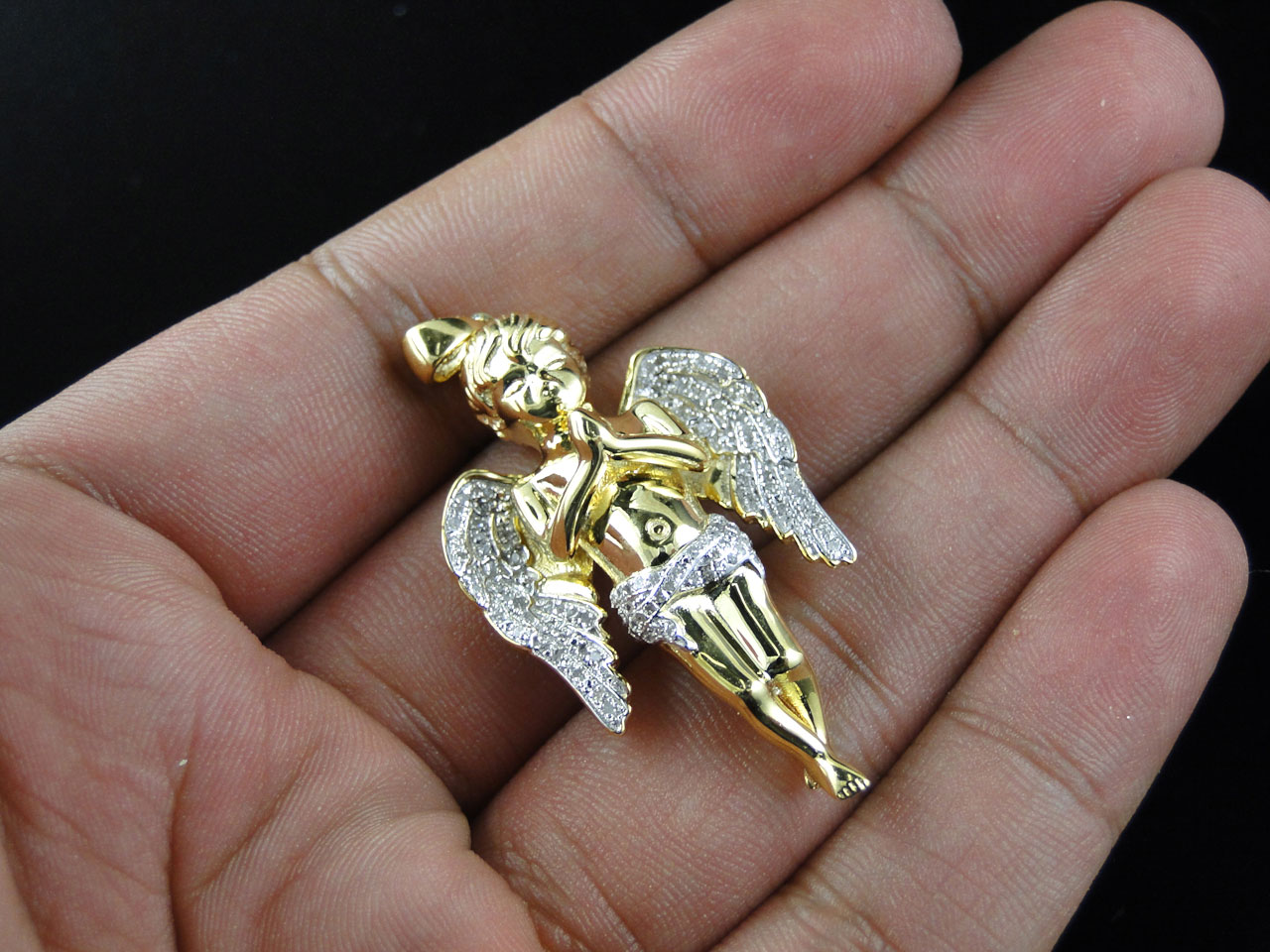 Yellow Gold Finish Mini Angel Cherub Jesus Real Diamond Pendant with Moon Chain