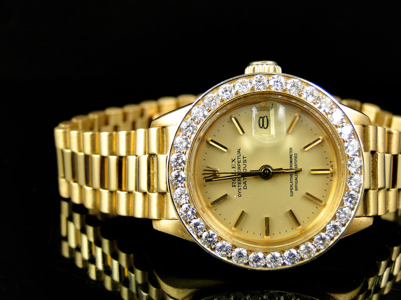 Pre-Owned Ladies 26MM Rolex President Datejust 18k Yellow Gold Diamond ...