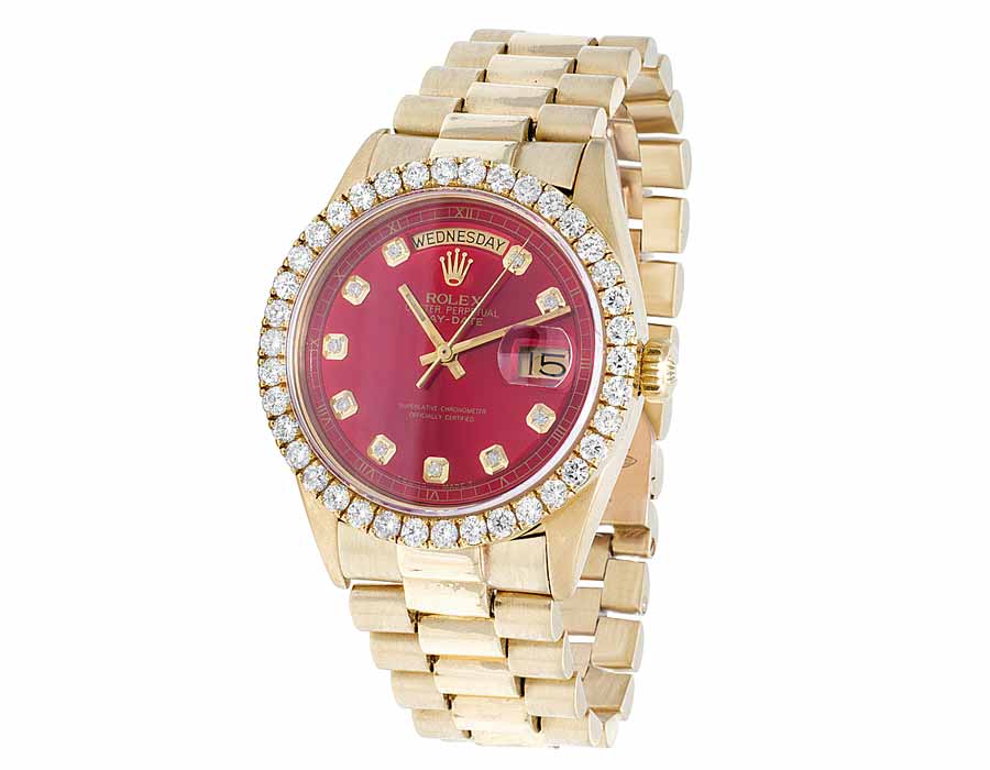 Mens Rolex President 18K Yellow Gold Day-Date 36MM Red Dial Diamond ...