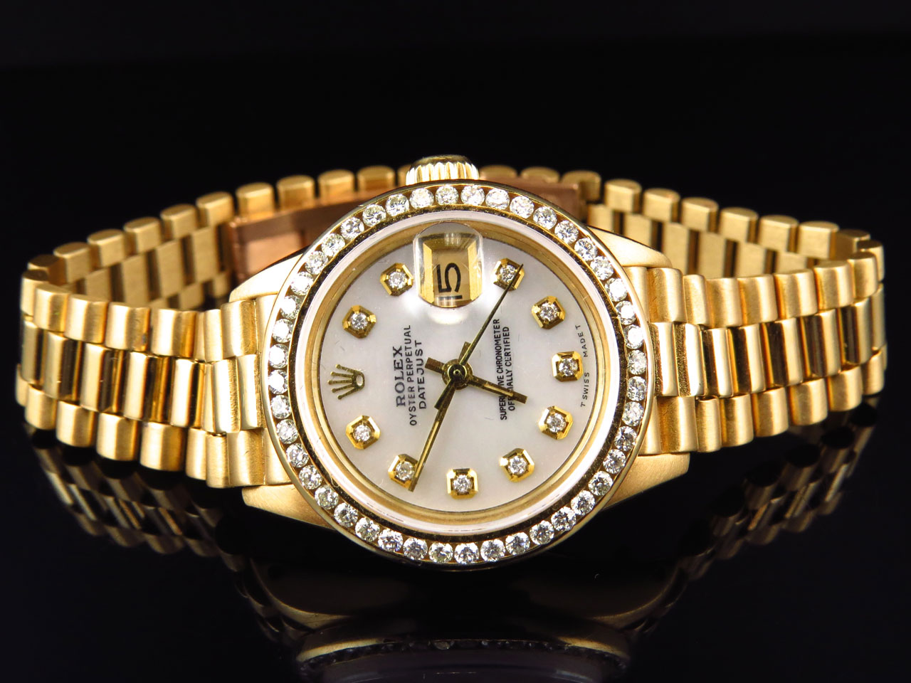 Pre Owned Ladies 27 Mm Rolex President Datejust 18k Yellow Gold Diamond