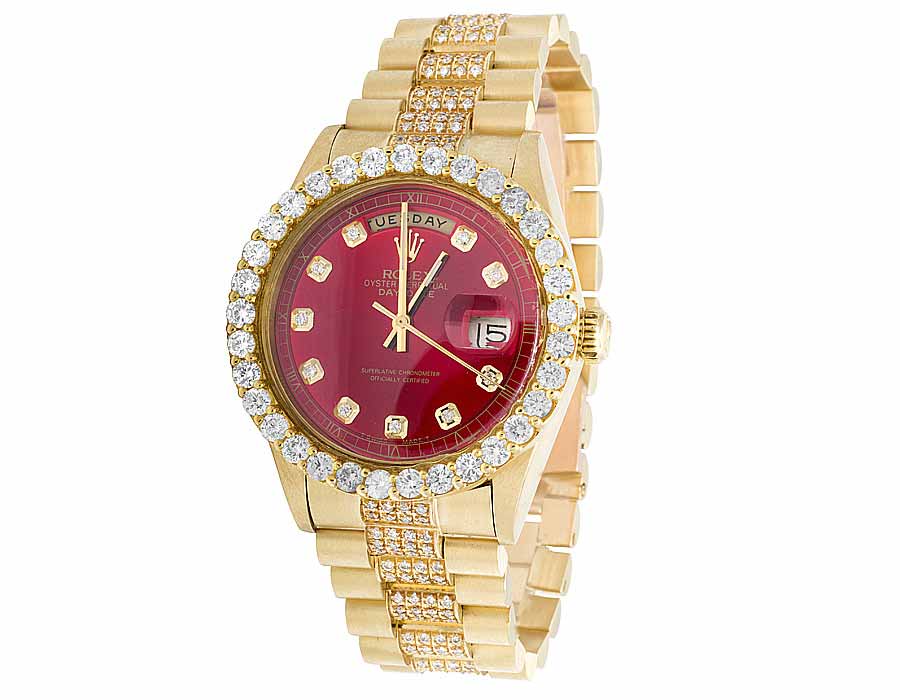 18K Mens Yellow Gold Rolex President Day-Date 36MM Red Dial Diamond ...