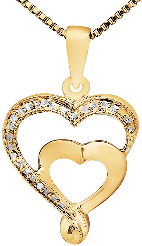 10K Yellow Gold Milgrain Double Heart One Row Genuine Diamonds Pendant ...