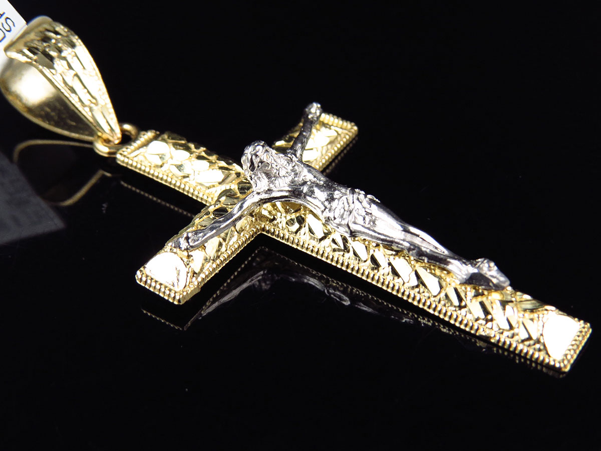 10K Two Tone Gold Nugget Crucifix Cross 