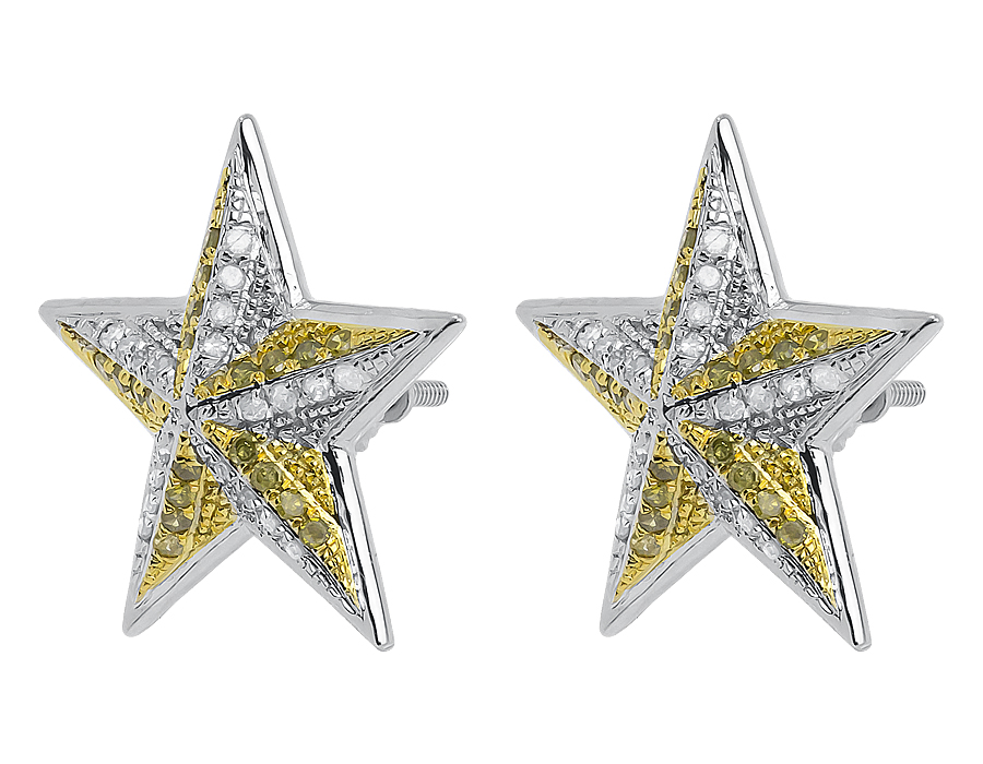 White Gold Finish Unisex Yellow Canary Diamond 18.5mm Star Stud Earrings 0.75ct