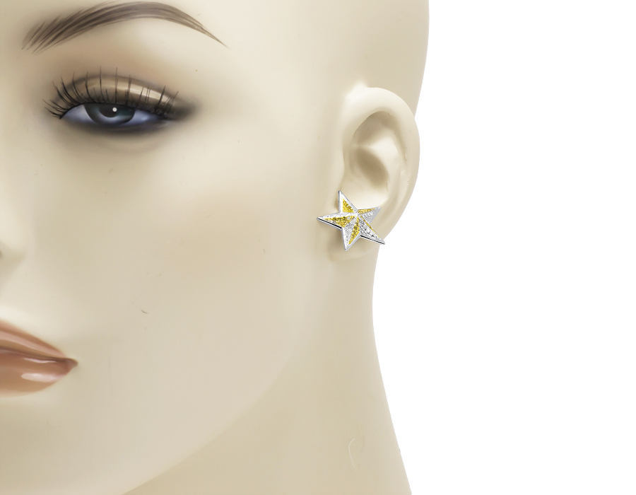 White Gold Finish Unisex Yellow Canary Diamond 18.5mm Star Stud Earrings 0.75ct