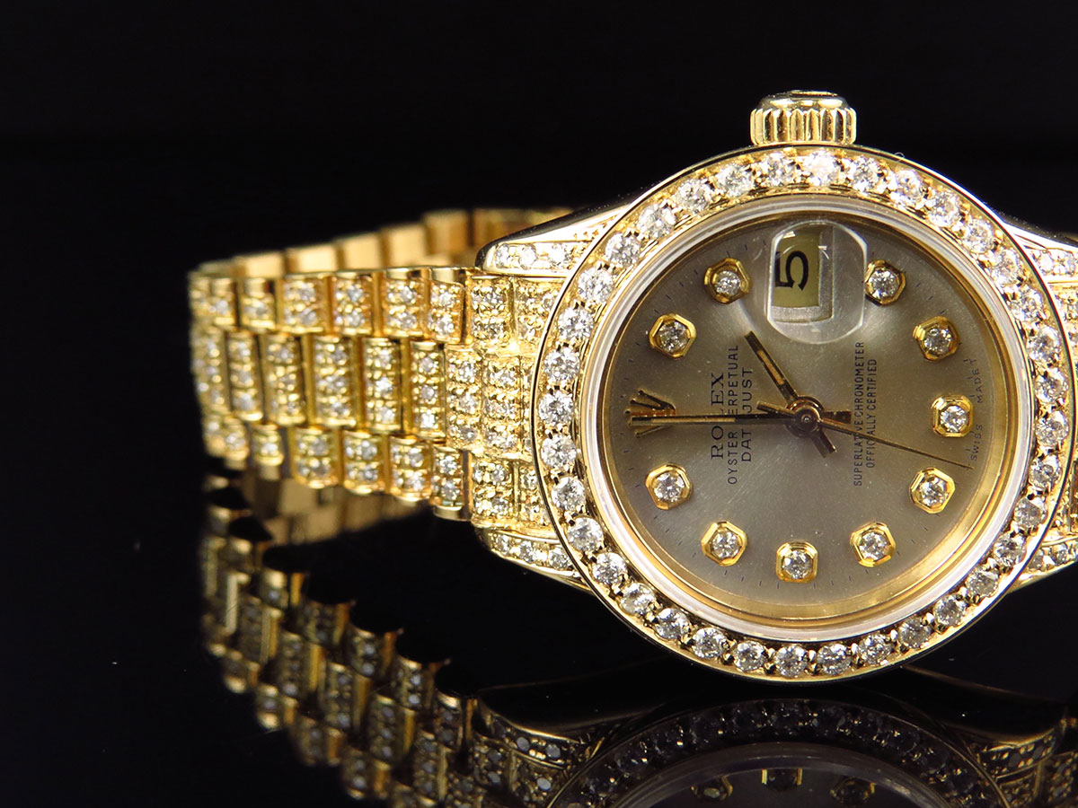 Excellent Ladies 27 MM Rolex President Datejust 18k Yellow Gold Diamond ...