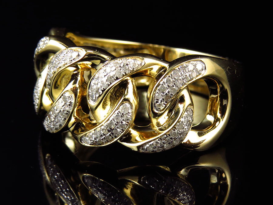 Mens 10k Yellow Gold Genuine 11 MM Diamond Cuban Link Pinky Ring (0.40
