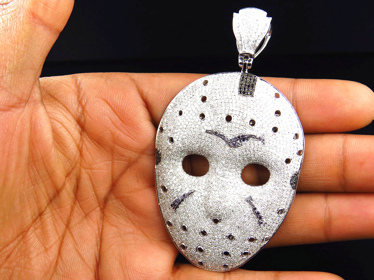 New 10K White Gold Genuine Diamond Friday 13th Jason Mask Pendant 3.5 